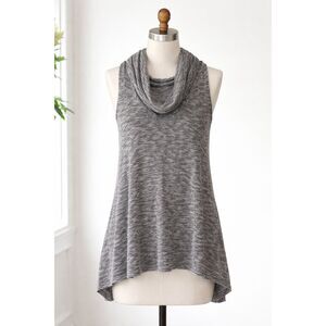 Wet Seal Cowl Neck Sleeveless Tunic Top L Gray Black White Hi-Low Stretch